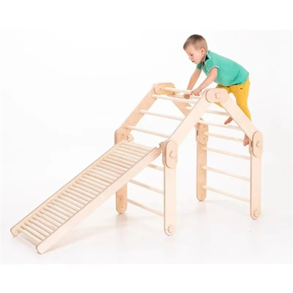 Wooden Kids Triangle Climbing Frame With Ramp Slide Indoor Kids Sports GYM Toy Climbing Triangle Set