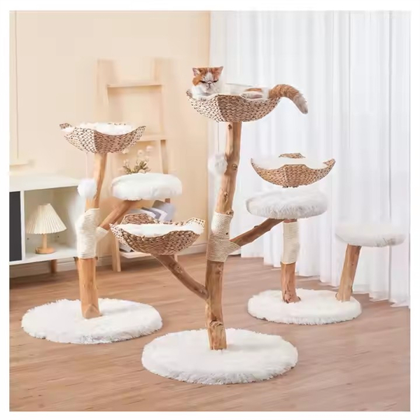 Custom Logo Color Luxury Natural Solid Real Wood Climbing Woven Nest Cat House Cat Tree With 100% Na